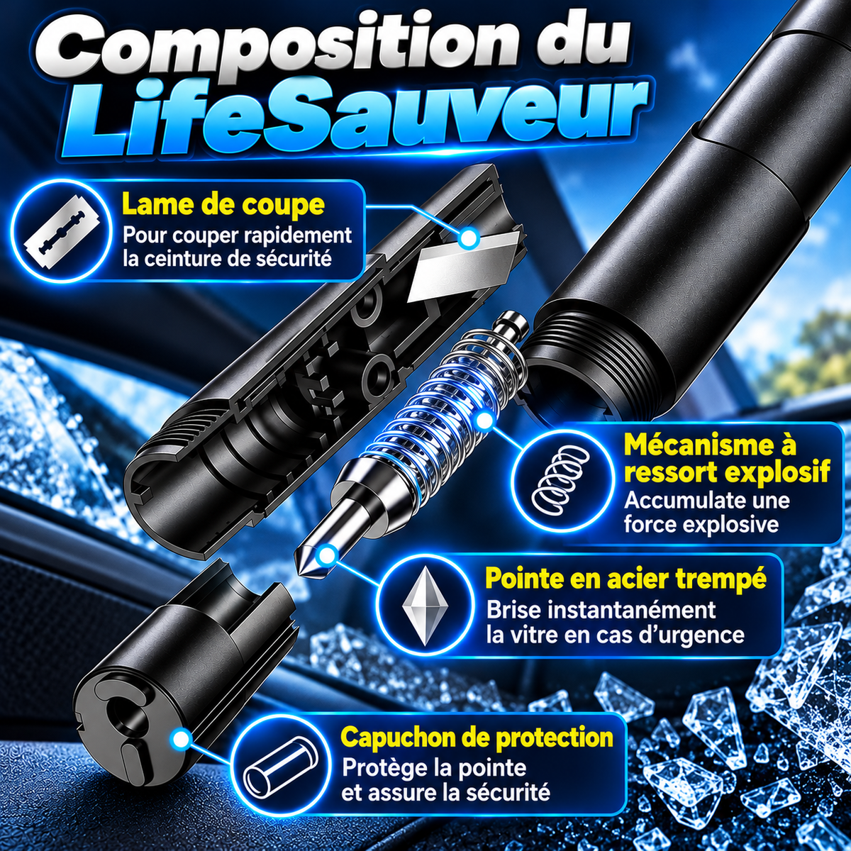 Outil de secours pour couper ceinture et briser vitres- LifeSauveur™