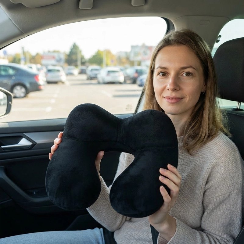 femme tient oreiller de voyage
