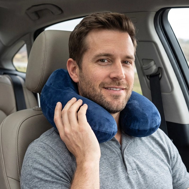 homme utiluse oreiller de voyage