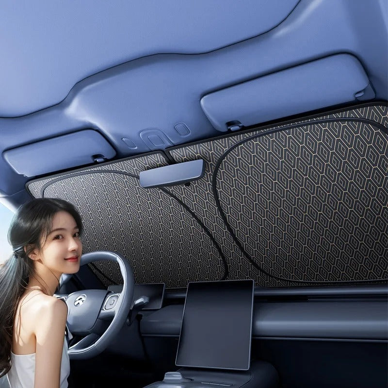 pare soleil voiture femme contente